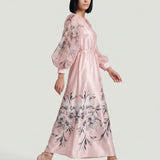 POWDER MAGNOLIA PRINTED SATIN DRESS WITH CAPE