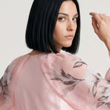 POWDER MAGNOLIA PRINTED SATIN DRESS WITH CAPE