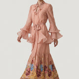 POWDER PANEL PATTERNED FLOWLING, EMBROIDERED DRESS