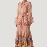 POWDER PANEL PATTERNED FLOWLING, EMBROIDERED DRESS