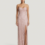 POWDER STRAPLESS SEQUIN EVENING DRESS