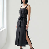 BLACK LINEN DRESS WITH Scalloped Straps and Pockets