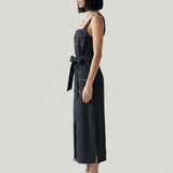 BLACK LINEN DRESS WITH Scalloped Straps and Pockets