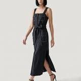BLACK LINEN DRESS WITH Scalloped Straps and Pockets