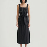BLACK LINEN DRESS WITH Scalloped Straps and Pockets