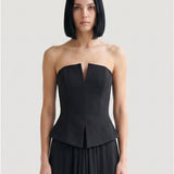 BLACK SKIRT, DRAPED, STRAPLESS EVENING DRESS WITH PEPLUM
