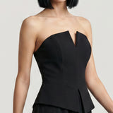 BLACK SKIRT, DRAPED, STRAPLESS EVENING DRESS WITH PEPLUM