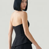 BLACK SKIRT, DRAPED, STRAPLESS EVENING DRESS WITH PEPLUM