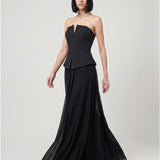 BLACK SKIRT, DRAPED, STRAPLESS EVENING DRESS WITH PEPLUM