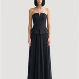 BLACK SKIRT, DRAPED, STRAPLESS EVENING DRESS WITH PEPLUM