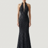 BLACK MESH SEQUINED BACK OPEN EVENING DRESS