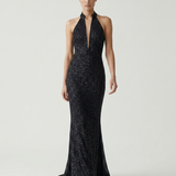 BLACK MESH SEQUINED BACK OPEN EVENING DRESS