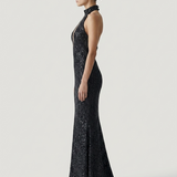 BLACK MESH SEQUINED BACK OPEN EVENING DRESS
