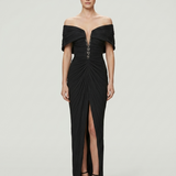 BLACK EMBROIDERED PICKLED EVENING DRESS