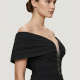 BLACK EMBROIDERED PICKLED EVENING DRESS