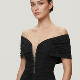 BLACK EMBROIDERED PICKLED EVENING DRESS