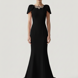 BLACK SHOULDER DETAILED EVENING DRESS WITH EMBROIDERED BACK
