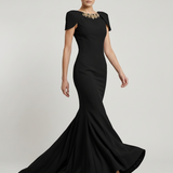 BLACK SHOULDER DETAILED EVENING DRESS WITH EMBROIDERED BACK