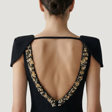 BLACK SHOULDER DETAILED EVENING DRESS WITH EMBROIDERED BACK
