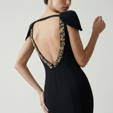 BLACK SHOULDER DETAILED EVENING DRESS WITH EMBROIDERED BACK