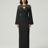 BLACK EVENING DRESS WITH SEQUIN EMBROIDERED SHOULDERS