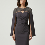 BLACK EVENING DRESS WITH SEQUIN EMBROIDERED SHOULDERS