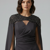 BLACK EVENING DRESS WITH SEQUIN EMBROIDERED SHOULDERS
