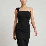 BLACK ROBOT TULLE GUIPURE EMBROIDERED EVENING DRESS