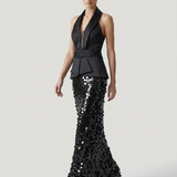 BLACK OPEN BACK SEQUIN EVENING DRESS
