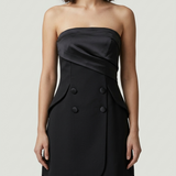 BLACK STRAPLESS BUTTON DETAILED EVENING DRESS