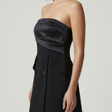 BLACK STRAPLESS BUTTON DETAILED EVENING DRESS