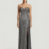 BLACK STRAPLESS SEQUIN EVENING DRESS