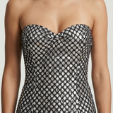 BLACK STRAPLESS SEQUIN EVENING DRESS