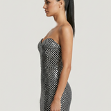 BLACK STRAPLESS SEQUIN EVENING DRESS