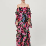 BLACK DRESSED SLEEVED, DRAPED EVENING CHIFFON DRESS