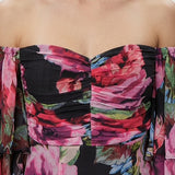 BLACK DRESSED SLEEVED, DRAPED EVENING CHIFFON DRESS