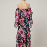 BLACK DRESSED SLEEVED, DRAPED EVENING CHIFFON DRESS