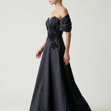 BLACK ONE SHOULDER EMBROIDERED EVENING DRESS