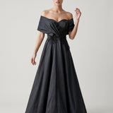 BLACK ONE SHOULDER EMBROIDERED EVENING DRESS