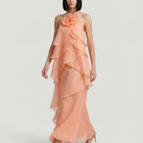 SALMON LAYER DRESS WITH FLOORS AND FLOWER BROOCHES