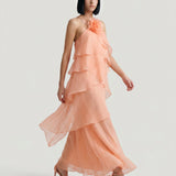 SALMON LAYER DRESS WITH FLOORS AND FLOWER BROOCHES