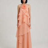 SALMON LAYER DRESS WITH FLOORS AND FLOWER BROOCHES