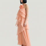 SALMON LAYER DRESS WITH FLOORS AND FLOWER BROOCHES
