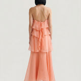 SALMON LAYER DRESS WITH FLOORS AND FLOWER BROOCHES