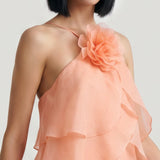 SALMON LAYER DRESS WITH FLOORS AND FLOWER BROOCHES