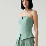 GREEN SKIRT DRAPED STRAPLESS EVENING DRESS WITH PEPLUM