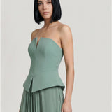 GREEN SKIRT DRAPED STRAPLESS EVENING DRESS WITH PEPLUM