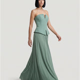 GREEN SKIRT DRAPED STRAPLESS EVENING DRESS WITH PEPLUM