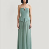 GREEN SKIRT DRAPED STRAPLESS EVENING DRESS WITH PEPLUM