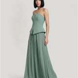 GREEN SKIRT DRAPED STRAPLESS EVENING DRESS WITH PEPLUM